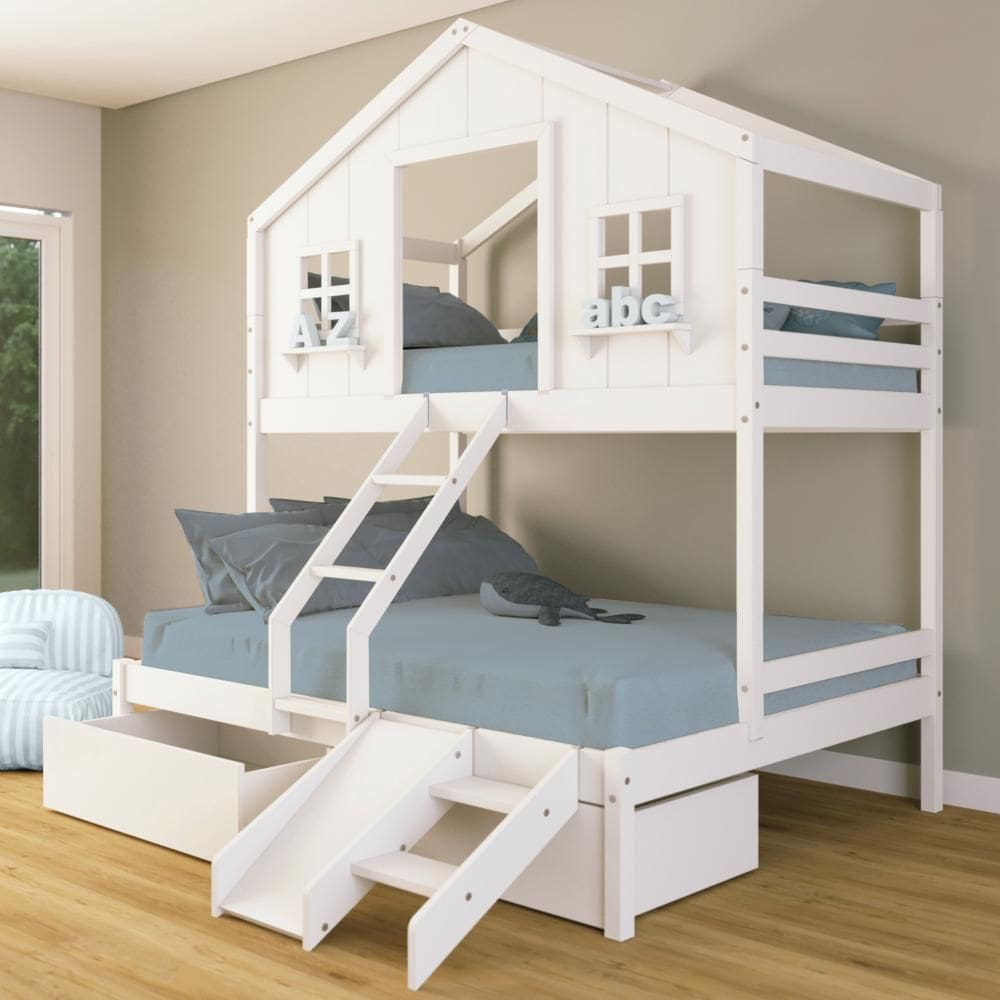 Beliche Casal/ Solteiro Casinha dos Sonhos com Escada/ Escorregador e 02 Gavetas Madeira Maciça Branco Housin