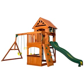 Playground Infantil com Caixa de Areia, Prateleira de Lanches, Parede de Escalada, Escorregador, 2 Balanços e Barra de Acrobacias, Backyard