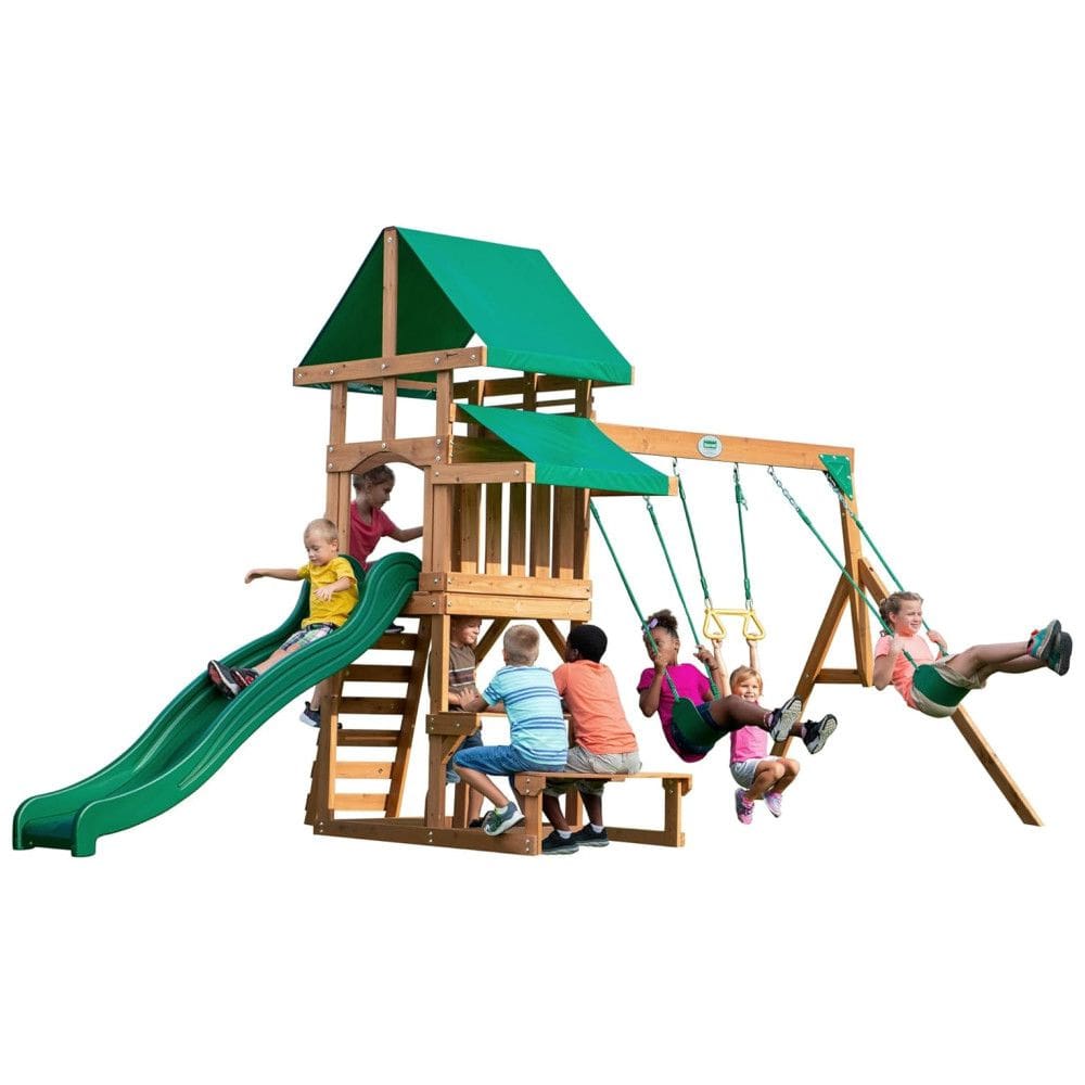 Playground Infantil de Madeira com Mesa de Pequinique, Escorregador, 2 Balanços e Barra de Acrobacia, Backyard Discovery, Verde