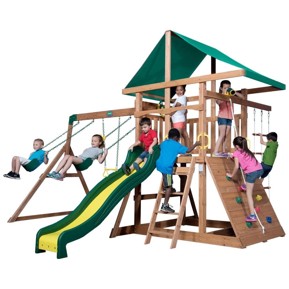 Playground Infantil de Madeira com Parede de Escalada, Escorregador de Ondas, Escalador de Corda e Balanços de Cinto, Backyard Discovery,