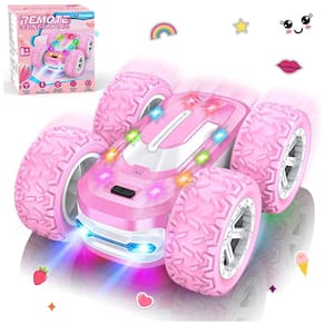 Carrinho de Controle Remoto Rosa para Meninas, Carro RC com Adesivos Personalizáveis, Luzes Coloridas e Acrobacias 4WD - 360° de