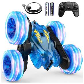Carrinho de Controle Remoto com Luzes Coloridas e Recarga Rápida USB-C - Veículo RC de Acrobacias 4WD Recarregável, Ideal para Presente -