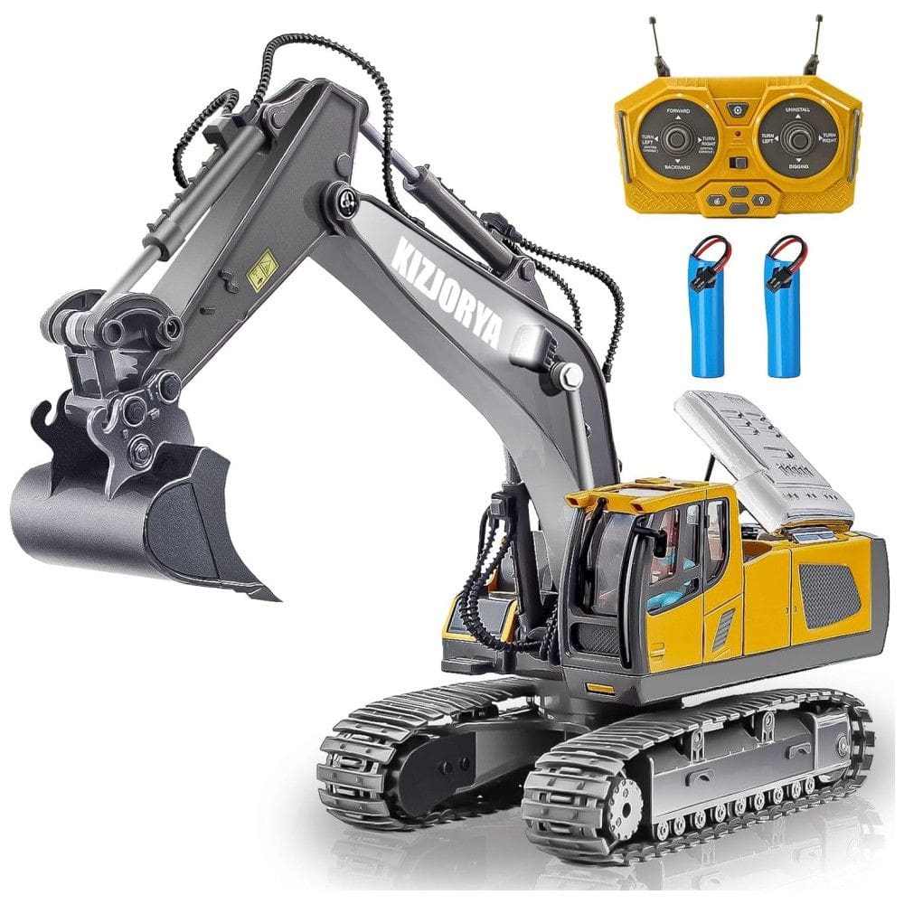 Mini Escavadeira RC Recarregável 1:24 c/ Som, Luz, Pá de Metal - Presente p/ Meninos de 6 a 12 Anos.KIZJORYA
