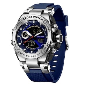 Relógio Dual Display Digital Com Pulseira Silicone Multifuncional Impermeavel Azul Prata