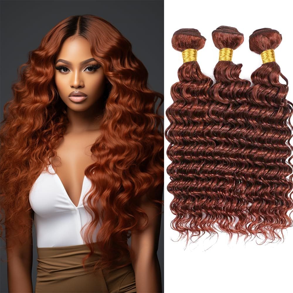 Pacotes de cabelo QEUOPE Marrom avermelhado Deep Wave 3x 22cm 8A