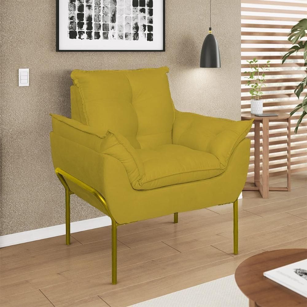 Poltrona Opala Reforçada Base Metal Dourado Recepção Amarelo