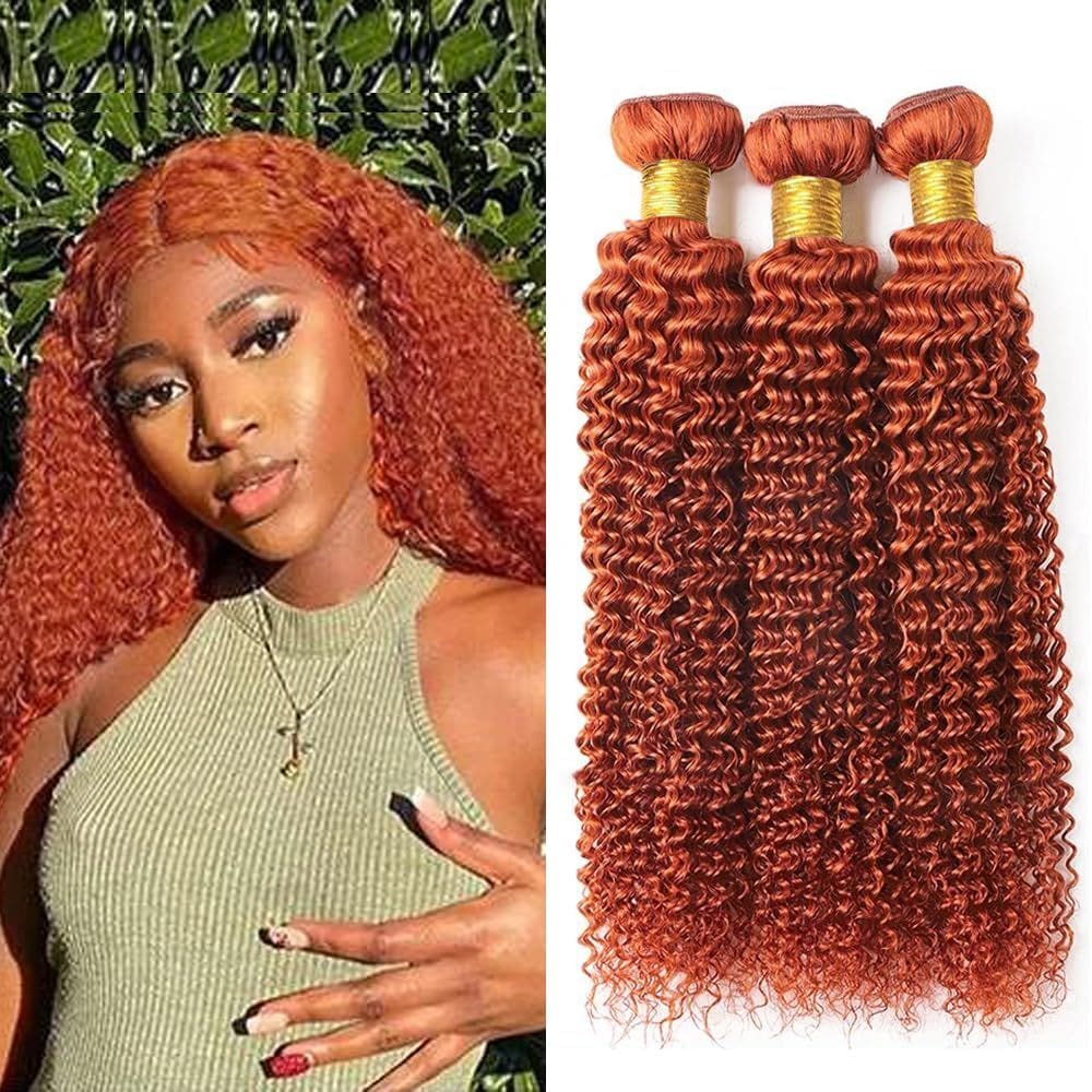 Pacotes de cabelo QEUOPE 350 Orange Curly 50 55 60 cm Cabelo humano