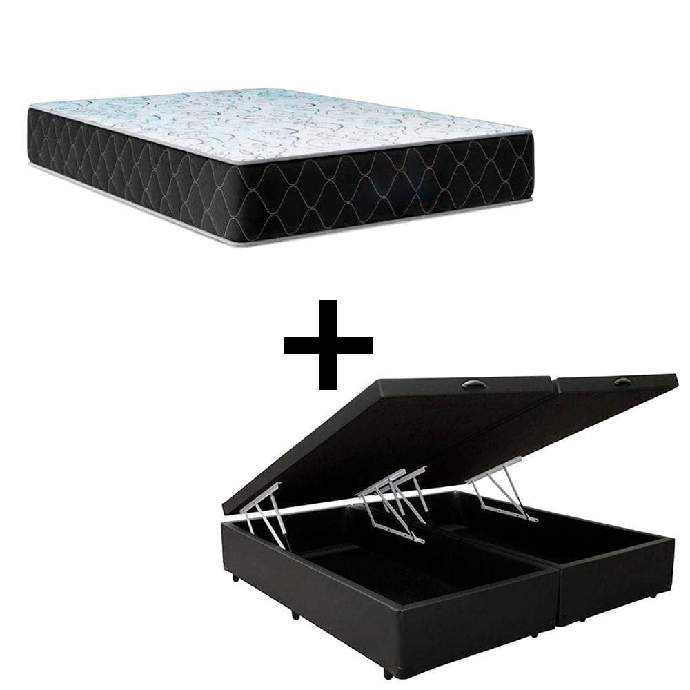 Cama Baú King 193 Tecido Sintético Preto Com Colchão Marrocos - Poliéster - Espuma D33 30cm