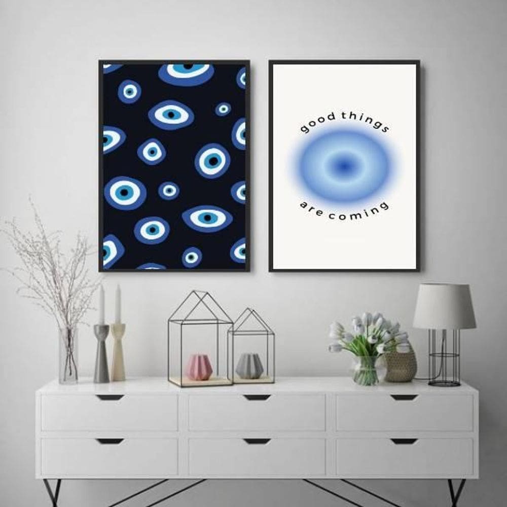 Kit 2 Quadros Good Things Coming Olho Greg 24X18 Vidro Preta
