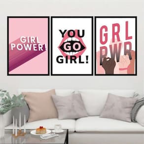 Kit 3 Quadros Girl Power - Grl Pwr 60X40Cm Moldura Preta