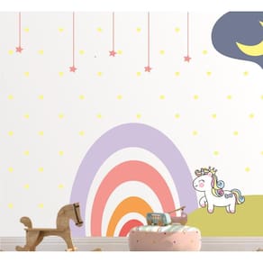 Adesivo De Parede Infantil Arco-Íris Unicórnio E Bolinhas