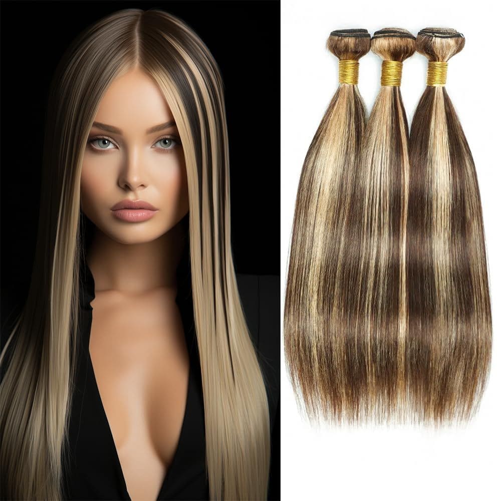 Extensões de cabelo QEUOPE Highlight Brown P4/613 Straight 22-26&quot;