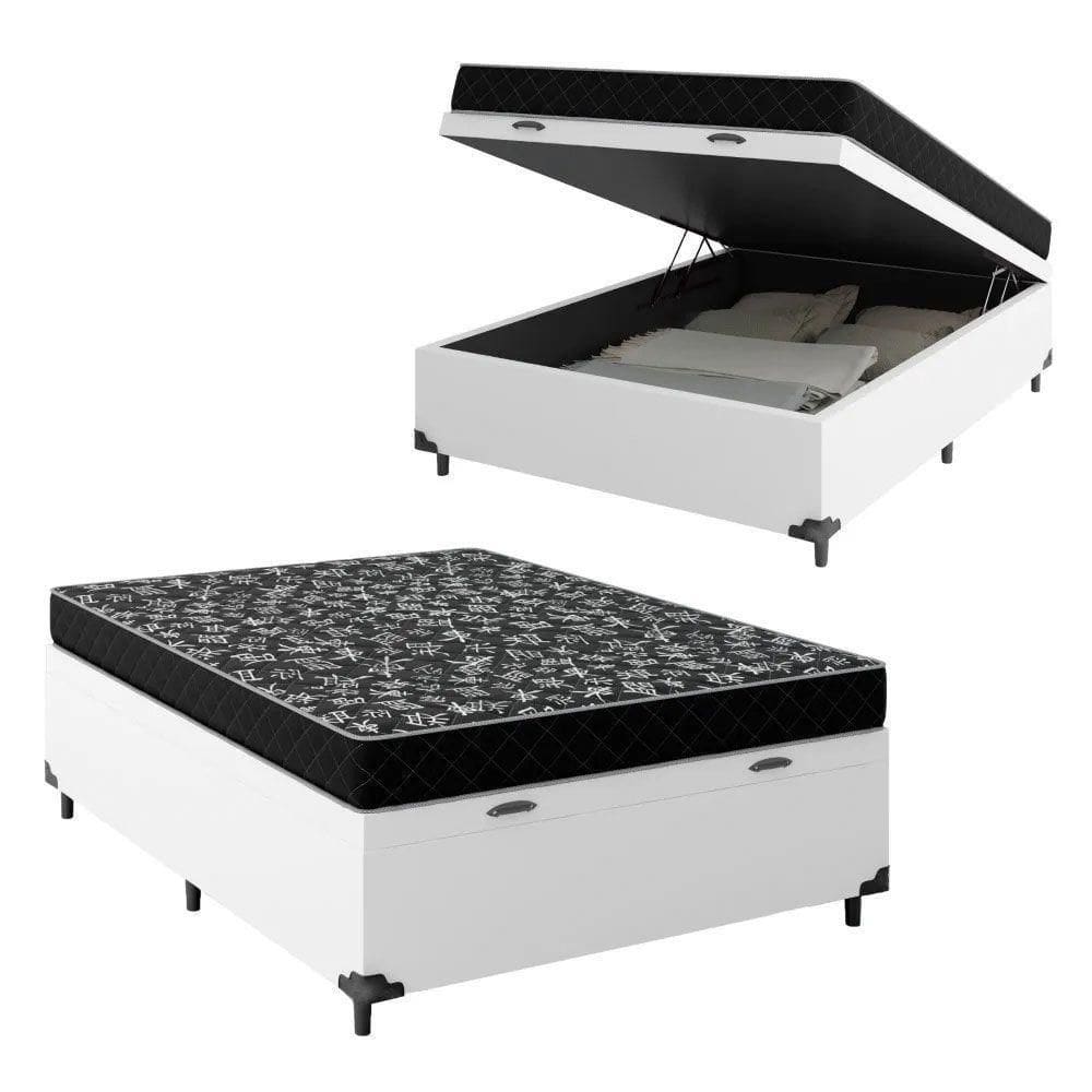Cama Baú Viúva 128 Tecido Sintético Branco Com Colchão Espuma D20 - Tampo Preto Bello 12cm