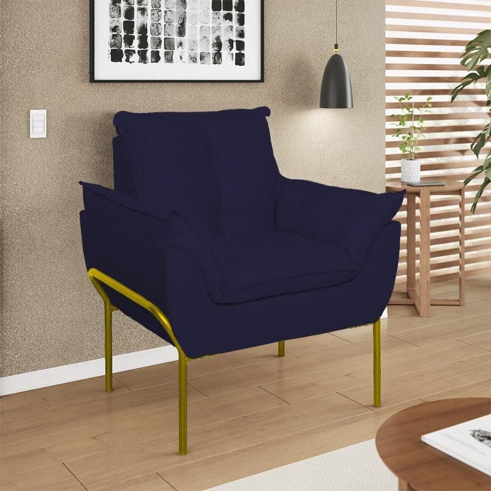 Poltrona Opala Reforçada Base Metal Dourado Recepção Azul Marinho
