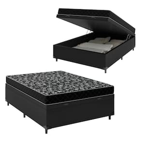 Cama Baú Viúva 128 Tecido Sintético Preto Com Colchão Espuma D20 - Tampo Preto Bello 12cm