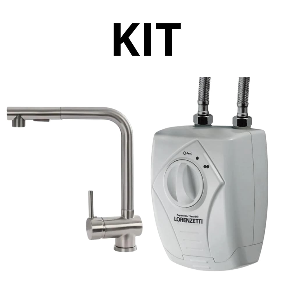 Kit Torneira Monocomando Escovada Prata Extensível + Aquecedor Lorenzetti Versátil 220V