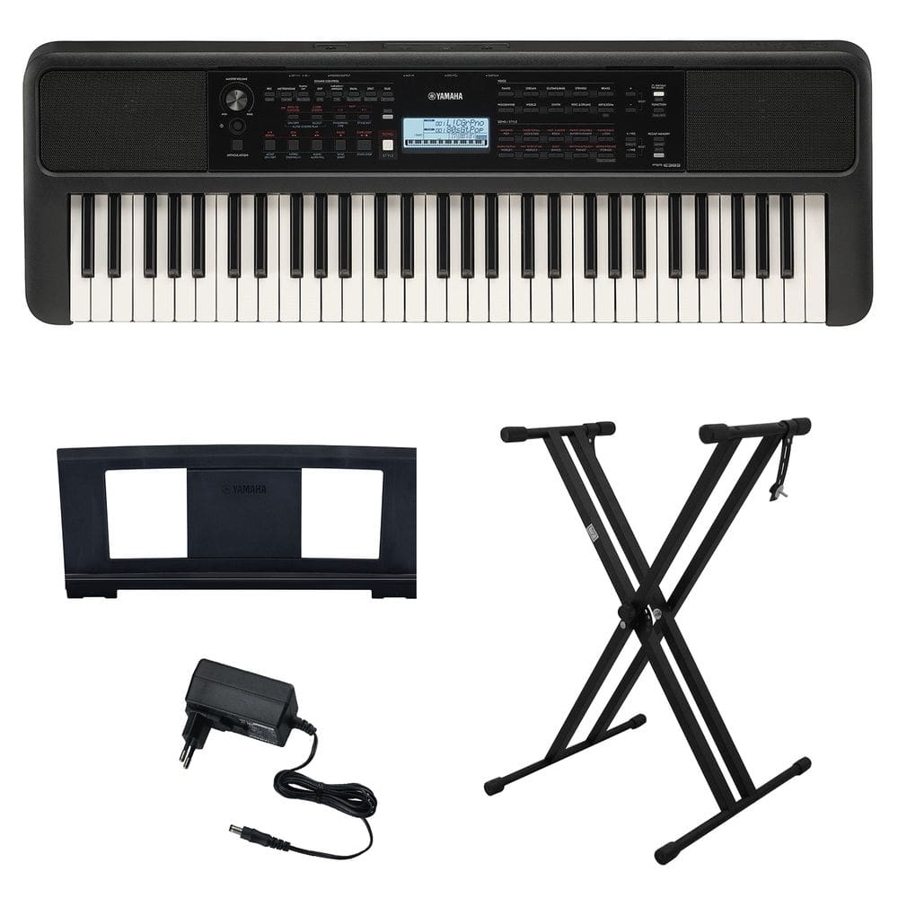 Kit Teclado Arranjador 61 Teclas PSR E383 com Fonte Bivolt Yamaha e Suporte em X