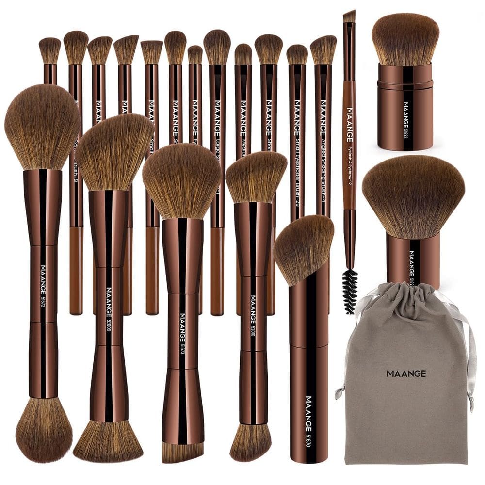 Conjunto de pincéis de maquiagem MAANGE Foundation, 20 unidades com bolsa marrom