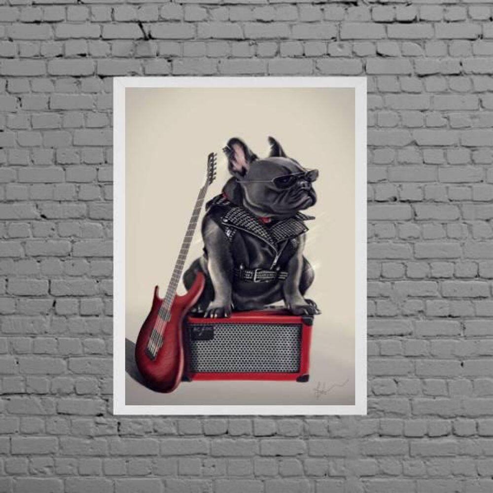 Quadro Bulldog Francês Rock 33X24Cm Moldura Branca