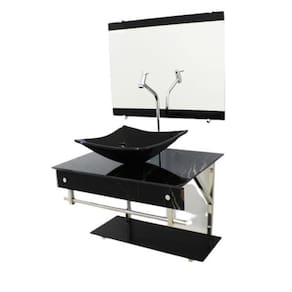 Gabinete De Vidro 60Cm Iqx Inox Cuba Quadrada Mármore Preto