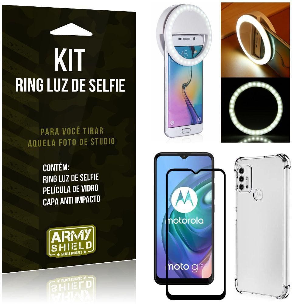 Kit Moto G10 Flash Ring+Capa Anti Impacto+Película Vidro 3D