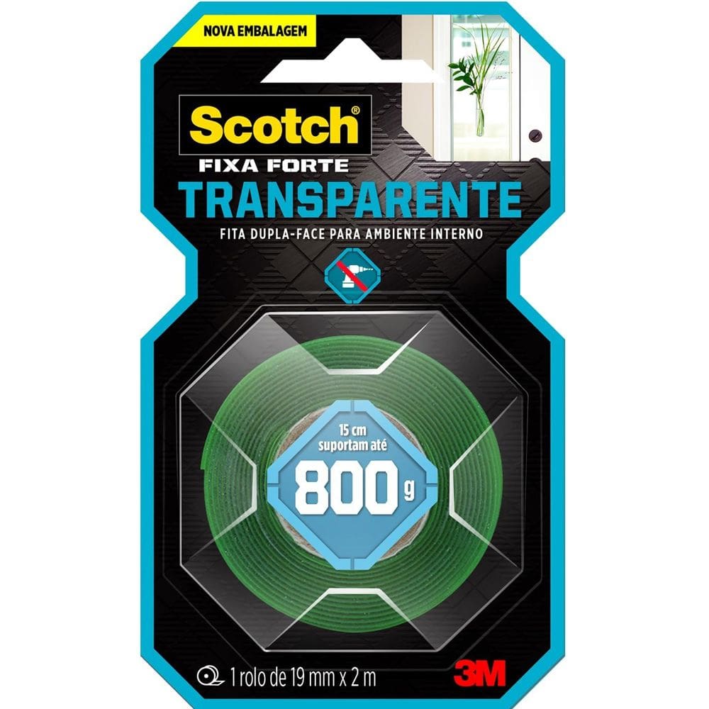 Fita Dupla Face Transparente 3M Scotch Fixa Forte 19mm x 2m Uso Interno Alta Fixação