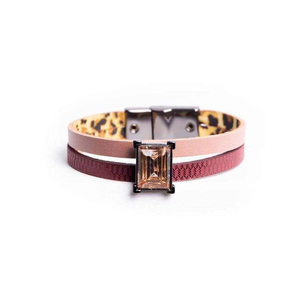 Pulseira Armazem Rr Bijoux Couro Rose E Vinho Cristal