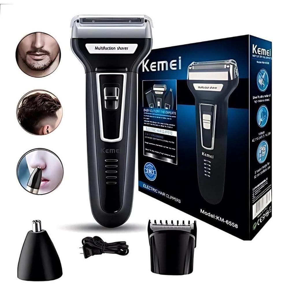 Máquina Barbear Profissional - Kemei 3 Em 1 Lâminas Precisão