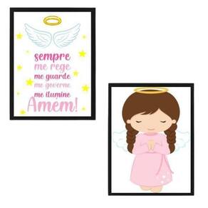 Quadros Anjo Da Guarda Rosa Moldura Preta 24X18Cm 2Un