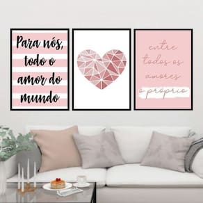 Kit 3 Quadros Todo Amor Do Mundo Coração 45X34 Moldura Preta