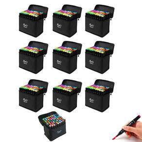 Estojo Canetinha Permanente 60 Cores Kit 10 Unidades Caneta Ponta Dupla Marcador Arte Desenho Pintura Curso Escola Faculdade