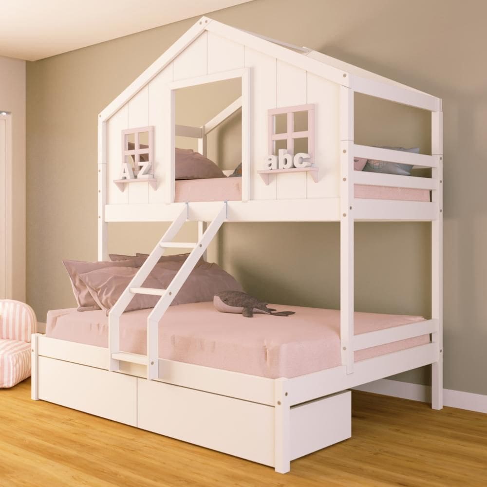Beliche Casal/ Solteiro Casinha dos Sonhos com 02 Gavetas Madeira Maciça Branco/ Rosa Housin