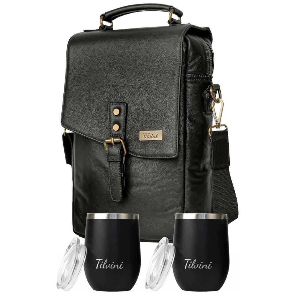 Bolsa Térmica Para Transporte de Vinhos de Couro até 2 Garrafas, com 2 Copos Incluídos, TILVINI TV 01, Preto