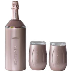 Porta Garrafa Térmico para Vinho é em Aço Inoxidável com 2 Copos, Cor Gold, VINGLACé, Rosa