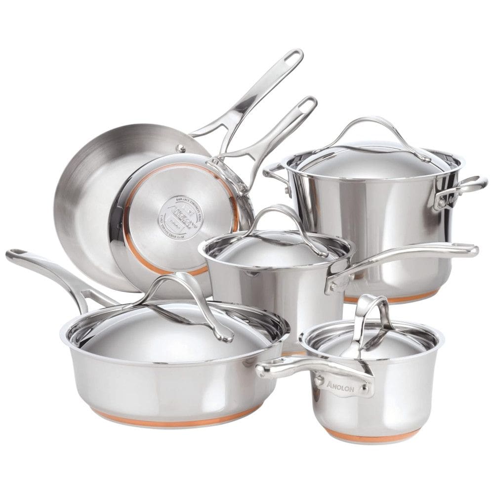 Conjunto de Panelas e Frigideiras Antiaderentes em Aço Inoxidável, 10 Peças, ANOLON 75818, Prateado