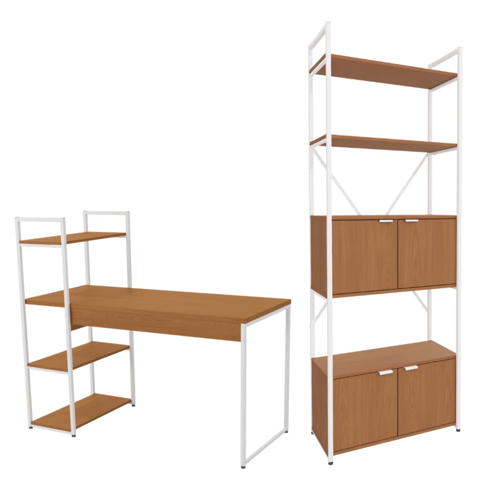 Mesa Escrivaninha E Estante Alta 4 Portas Canela Branco KPB