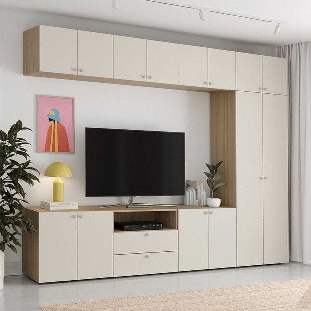 Rack Modular 8 Módulos 14 Portas 2 Gavetas 1 Kit Prateleira Frame CabeCasaMadeiraMadeira Acácia/Arenas