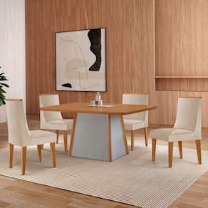 Mesa Merlim 120 Tampo Mdf Canto Copo e 4 Cadeiras Sena NATURALLE / OFF WHITE
