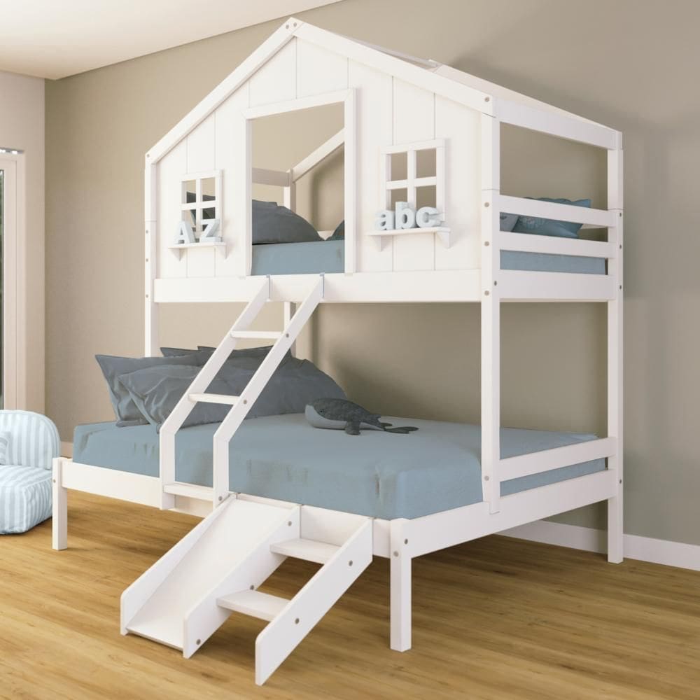 Beliche Casal/ Solteiro Casinha dos Sonhos com Escada/ Escorregador Madeira Maciça Branco Housin
