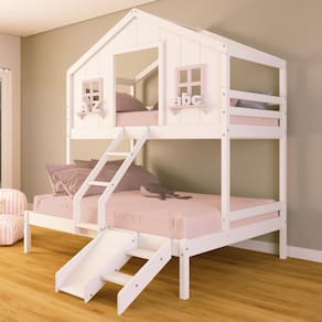 Beliche Casal/ Solteiro Casinha dos Sonhos com Escada/ Escorregador Madeira Maciça Branco/ Rosa Housin