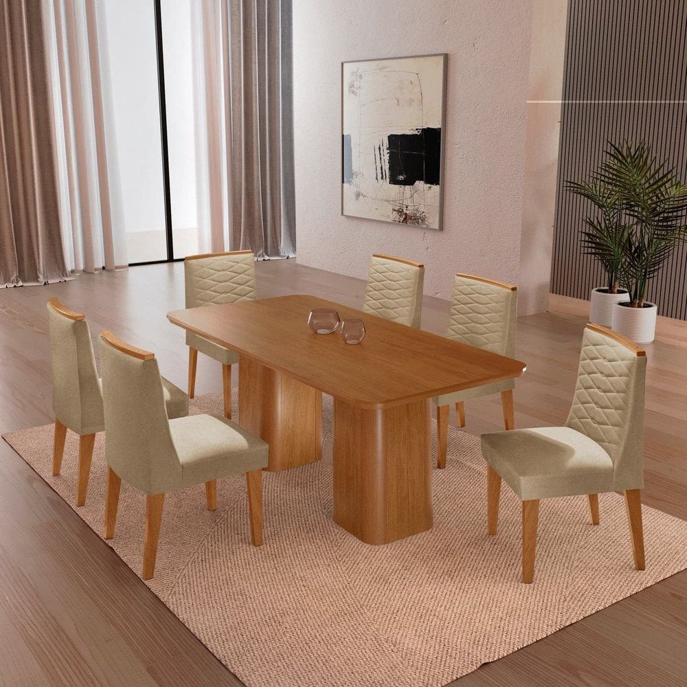 Mesa 180cm Tampo Mdf Canto Copo 6 Cadeiras Sakura NATURALLE / OFF WHITE