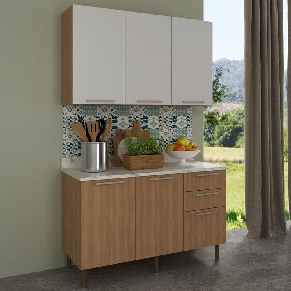Cozinha Compacta 120cm 3 Peças, 5 Portas e 3 Gavetas Freijó/Branco