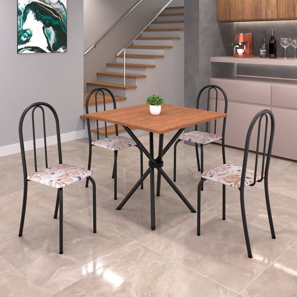 Conjunto de Mesa Tubular 70x70cm Tampo em Mdf com 4 Cadeiras Ane B Botanic Bege/Preto