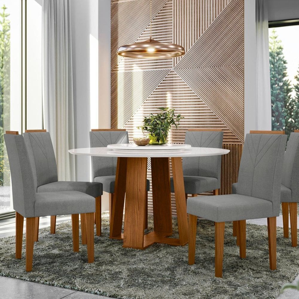 Conjunto Sala de Jantar Mesa Isabela 135cm com 6 Cadeiras Amanda Ypê/Cinza