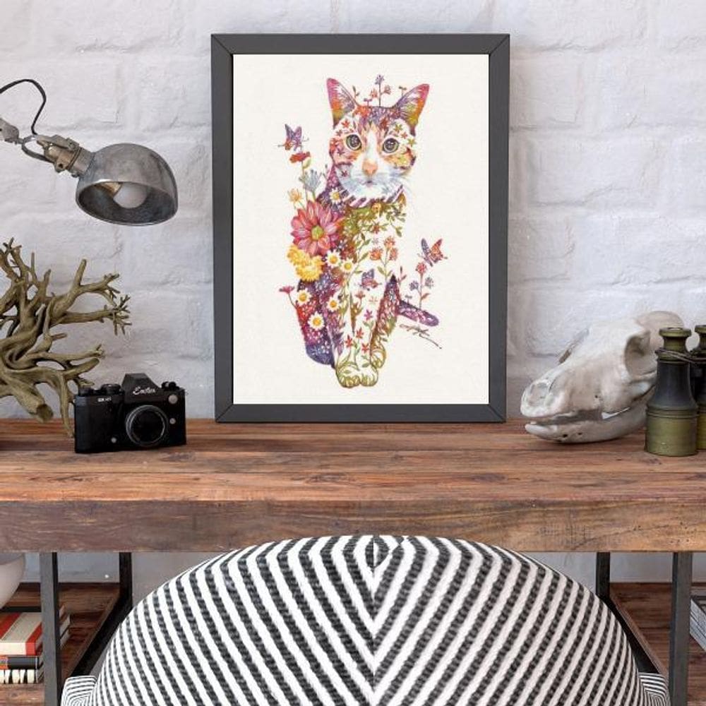 Quadro Decorativo Gatinho Floral 33X24Cm - Preta