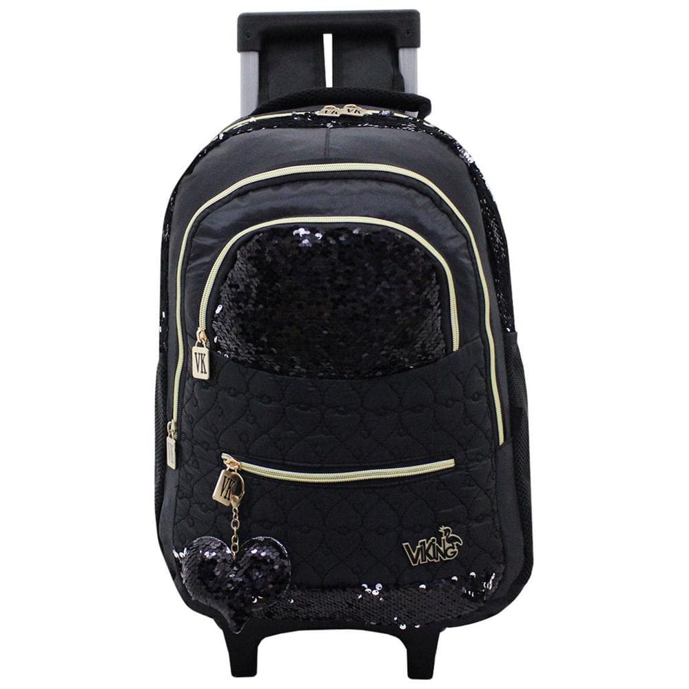 Mochila De Rodinhas Preta Viking Escolar Feminina Com Paete