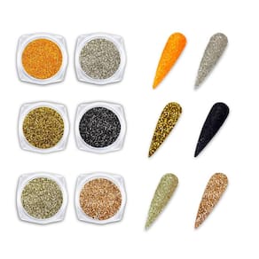 Kit 6 Glitters Finos Decoração De Unhas Preto Prata Dourado
