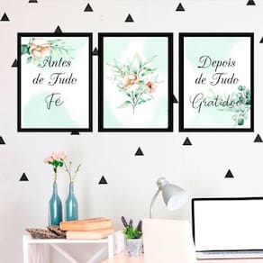 Kit Quadro Decorativo Fé E Gratidão Floral 45X34Cm 3 Peças