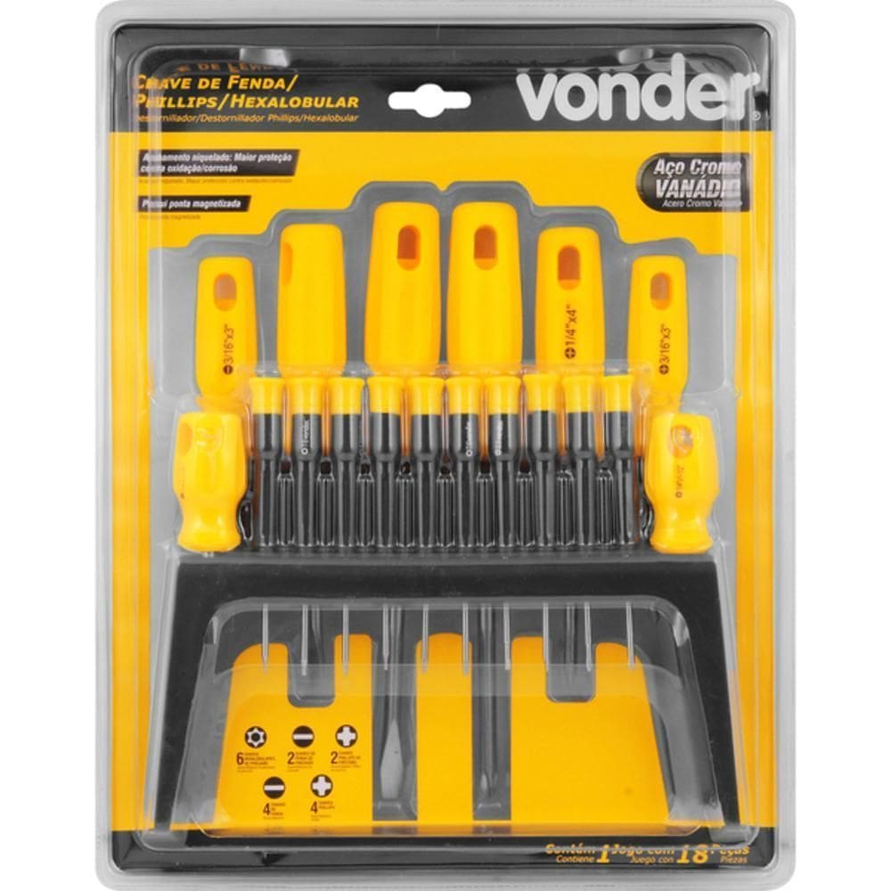 Chave Fenda/Phillips/Hexagonal Jogo 18 Peças Vonder