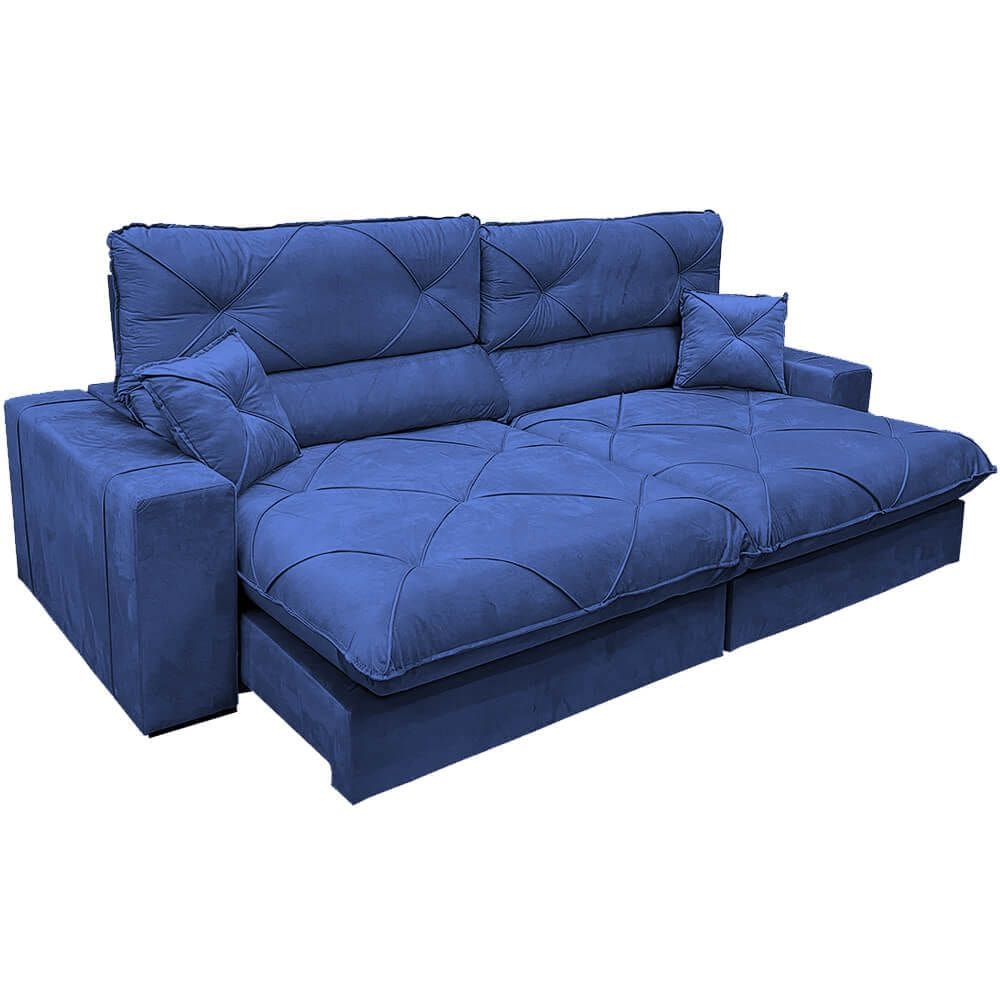 Sofá Victory 4 Lugares Retrátil e Reclinável 250cm Tecido Veludo Cor Azul